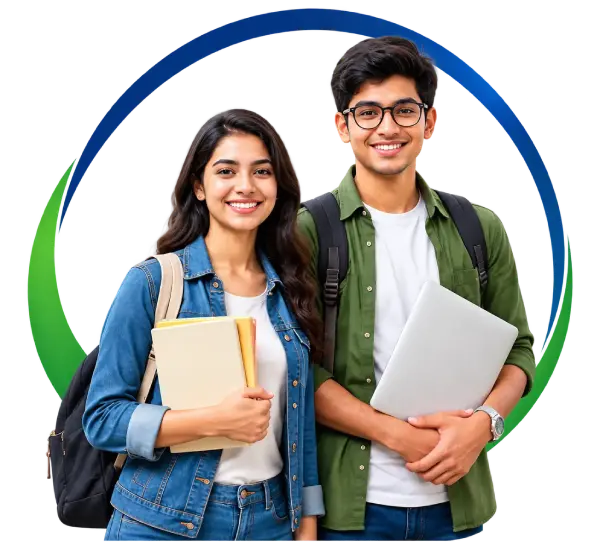 Two confident college students carrying books and a laptop on campus